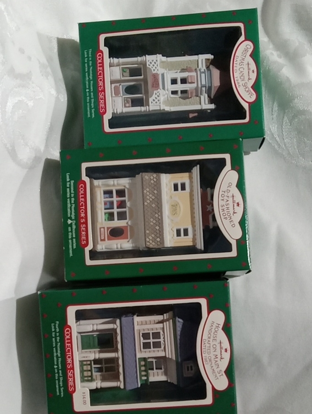 Hallmark Holiday Village Buildings in Green Boxes with Cream and White Details